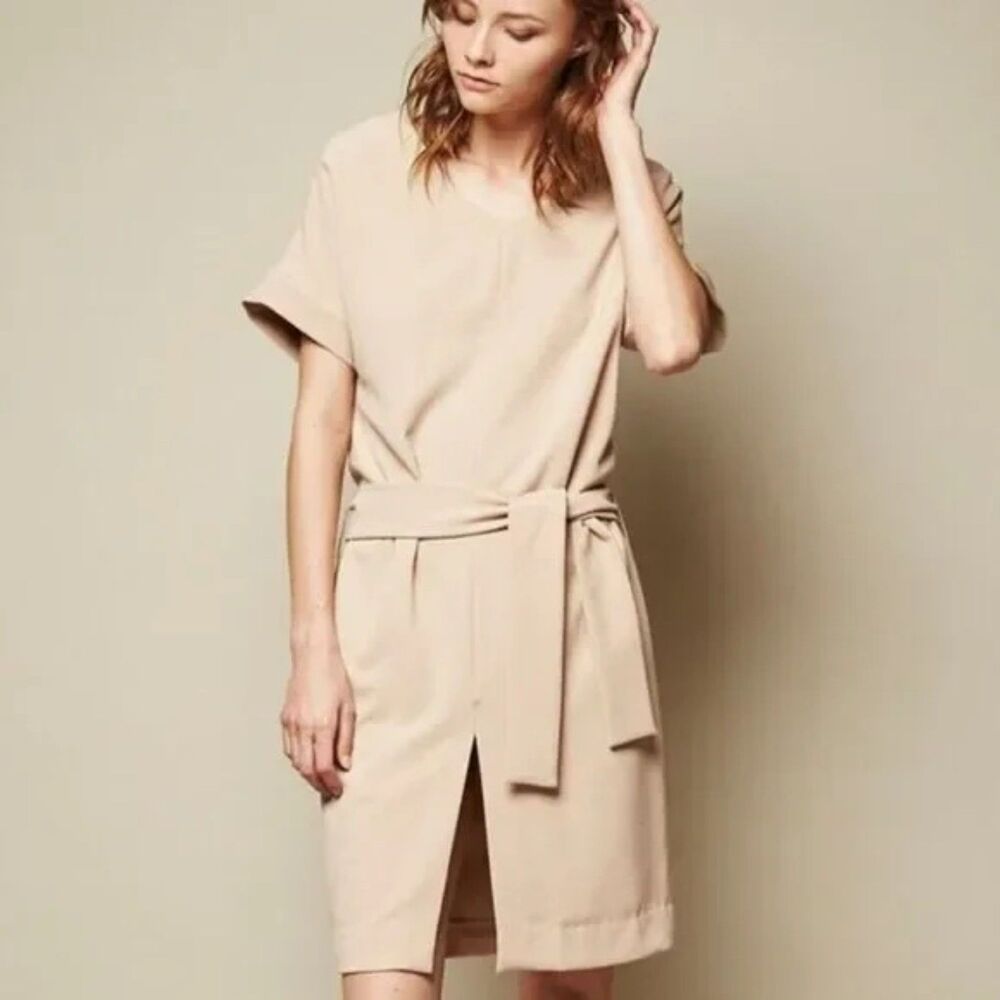 Achro Sand Beige Front Slit Dress Size S Minimalist Contemporary